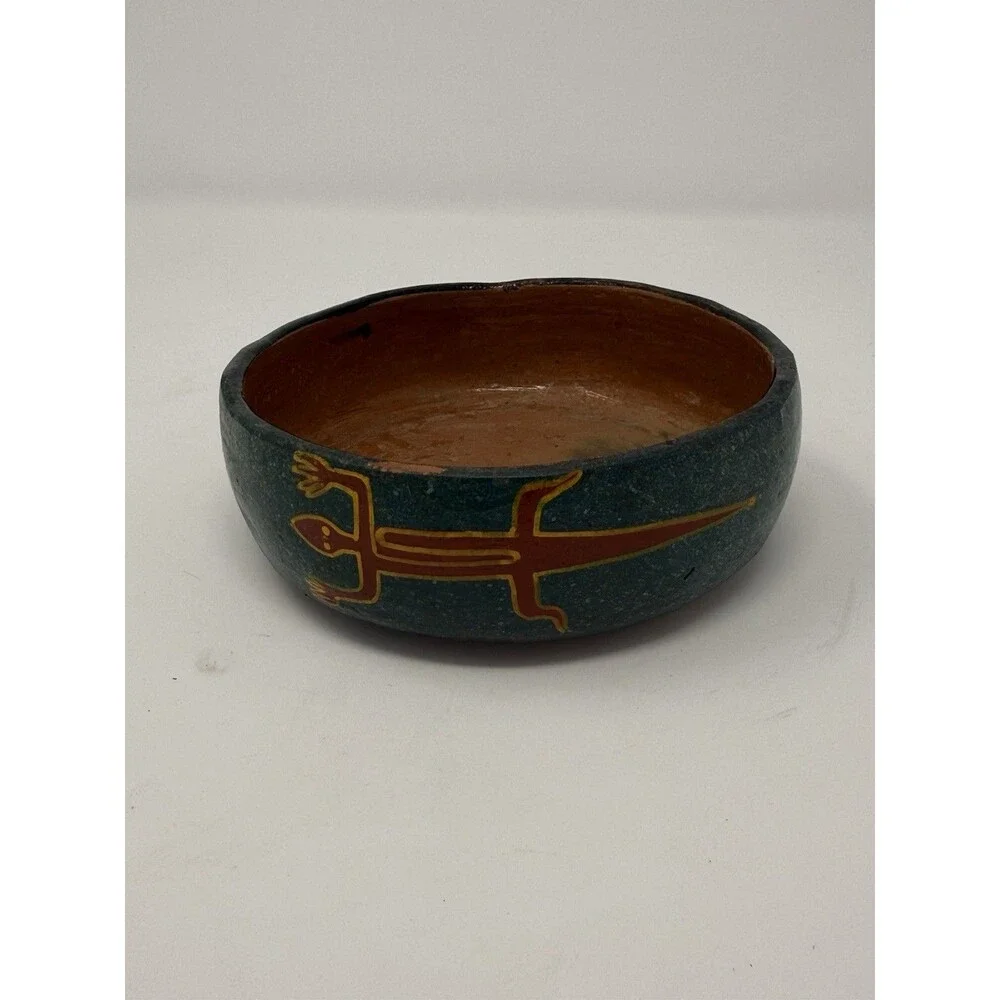 Rarchi Peru Hand-Painted Glossy Clay/Ceramic Bowl Blue Brown Yellow Animal
